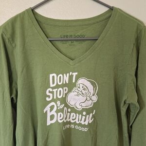 Life Is Good | Olive Green Long Sleeve Christmas Tee Size Medium